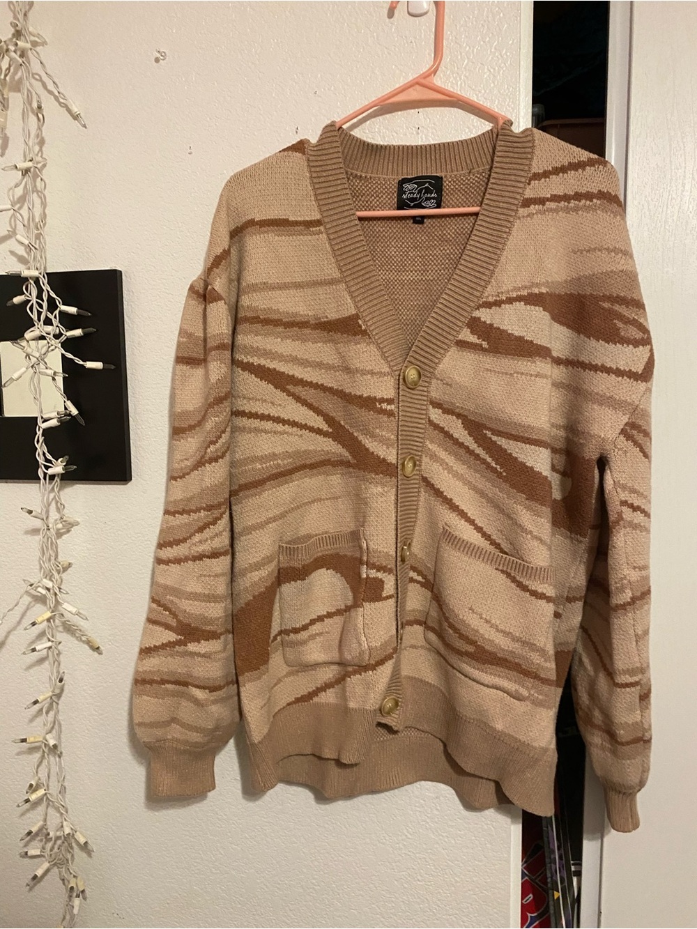 Vintage-Inspired Beige & Brown Patterned V-Neck Cardigan Sweater